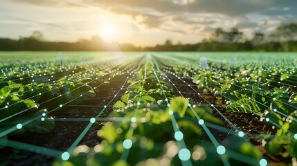 Field crops with digital network overlay for representing smart farming precision agriculture innovation data monitoring sustainable growth and technology integration concept.