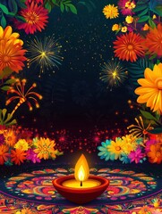festive Diwali poster with colorful rangoli patterns at the bottom, decorated with vibrant flowers, lamps, and fireworks in the background, ample copy space in the center, ai