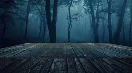Wooden platform in the mysterious and foggy forest.