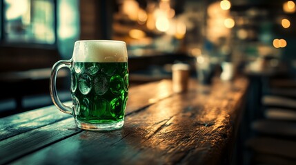 Beer mug with green beer in cozy rustic cafe. Green beer background