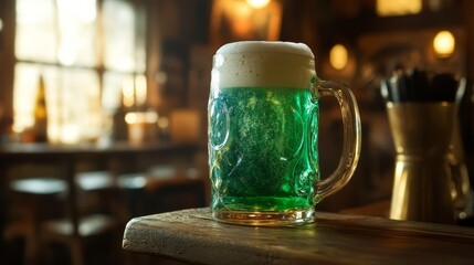 Beer mug with green beer in cozy rustic cafe. Green beer background