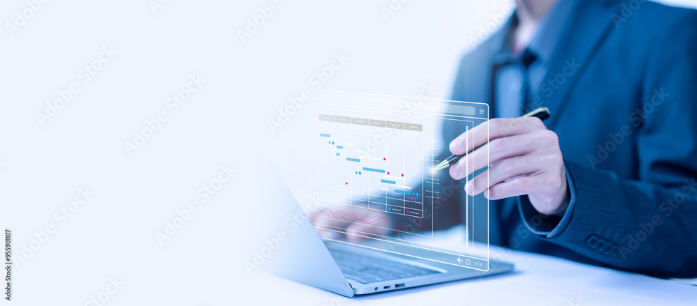 Poster schedule plan management work update and workflow. project planner in software concept. updating and managing milestones on a timeline Gantt chart in technology online. appointment staff of business