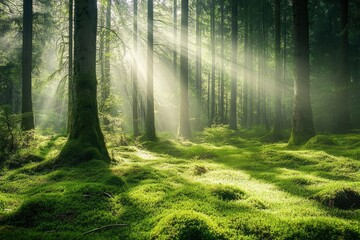 Fototapeta premium Sunlight in a green forest. Forest sunbeam. Ray of sunlight in forest green. Mossy forest sunbeam , ai