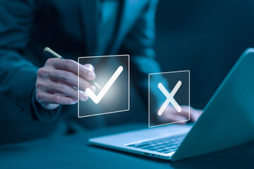 Select the check mark sign. showing check right and wrong. concept decide to choose vote. yes or no decisions, and business options for difficult situations in a dilemma.