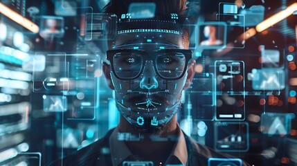 Man with a digital interface overlaying his face, surrounded by digital data and screens, symbolizing the intersection of humanity and technology.
