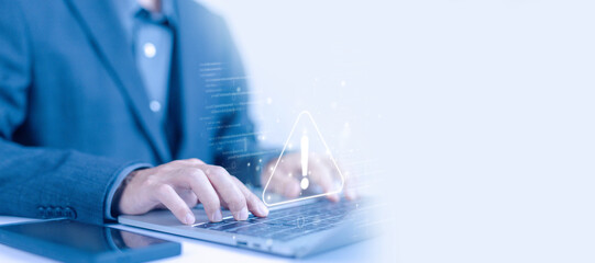 leak of software data. notification spam in the laptop is a cyber error symbol warning sign of system failure. concept of risk website technology digital onlineม caution danger a computer is attacked