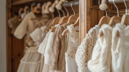 Close-up of fashionable dresses and white, beige and brown sweaters on hangers in a newborn wardrobe.