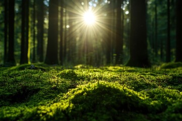 Fototapeta premium Sunlight in a green forest. Forest sunbeam. Ray of sunlight in forest green. Mossy forest sunbeam , ai