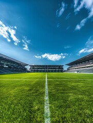 A wide-angle view of an empty rugby stadium under a clear blue sky with white clouds. The green grass field is pristine, ready for the next game.  The stadium stands tall, symbolizing the potential fo