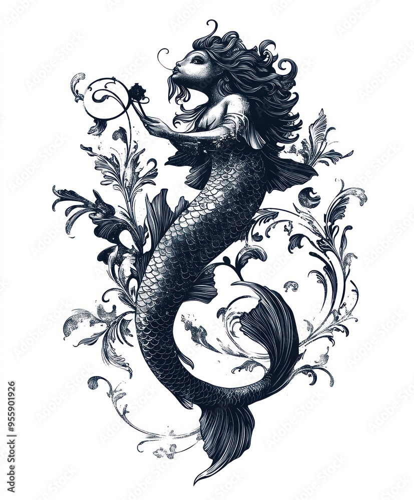 Sticker An artistic depiction of a mermaid intertwined with floral elements.