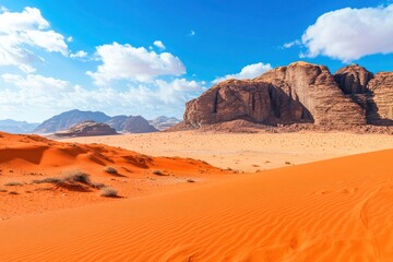 Naklejka premium Orange red sand desert, rocky formations and mountains background, blue sky above - typical scenery in Wadi Rum, Jordan with generative ai