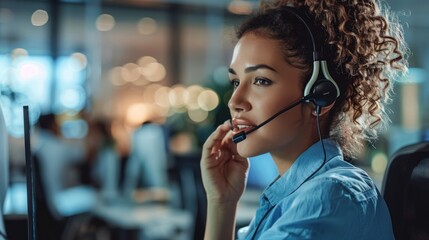 Close-up of female call center worker with headset answering a call in a company central office.