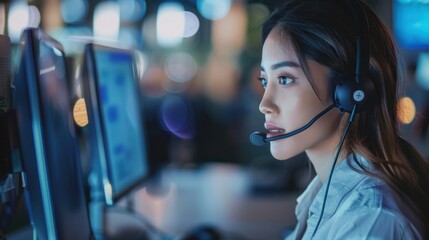 Close-up of female call center worker with headset answering a call in a company central office.