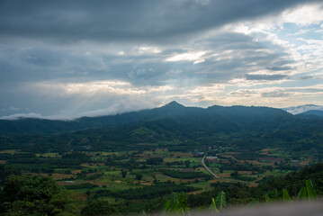 Rice terrace Field Green agriculture rainny season dark cloud amazing landscape. Sustainable Ecosystem rice paddy field Vietnam green nature farm land. Golden green rice terraces tropical landscape