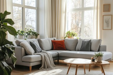 Interior of light living room with cozy grey sofas near big window, ai