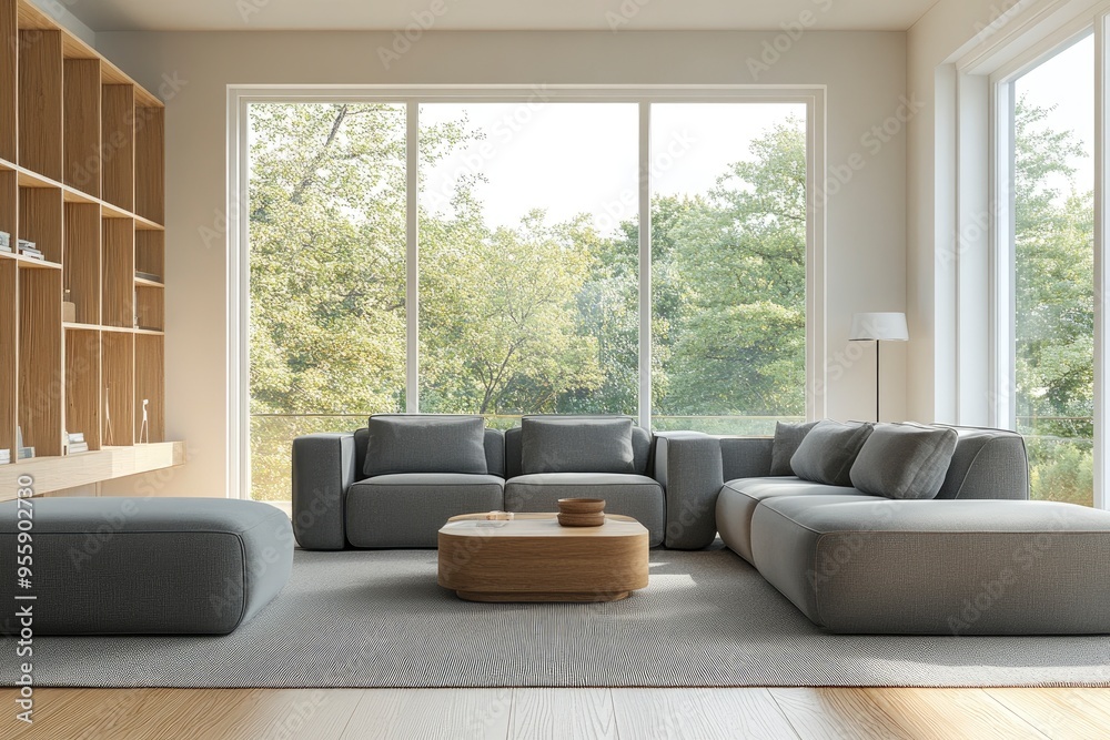 Wall mural interior of light living room with cozy grey sofas near big window, ai