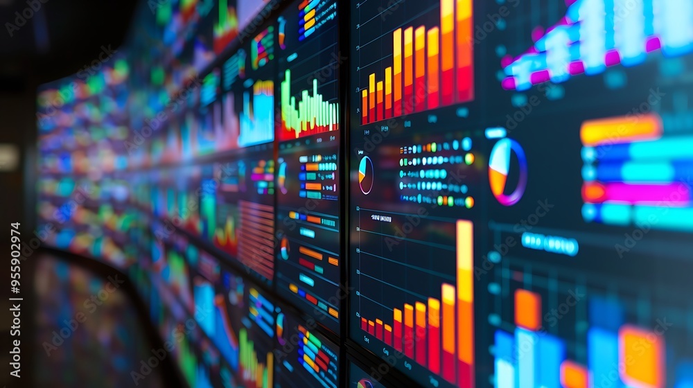 Poster wall of screens displaying various data visualizations, such as graphs, charts, and dashboards, repr