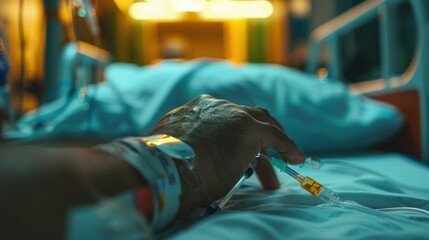 Close-up focus on elderly patient's hand in ward on bed during intravenous fluid administration in hospital room.