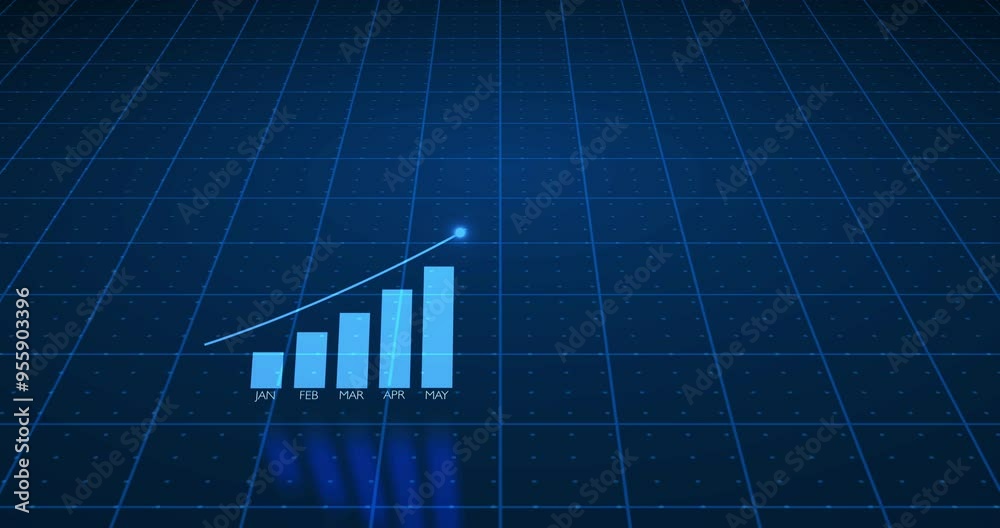 Poster hologram, month and chart on background for finance, stock trading and cryptocurrency. inflation, di