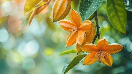 Orange Starfruit Flowers and Fruit on a Branch