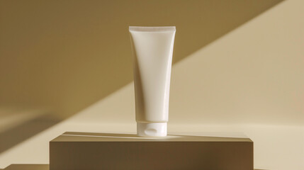 product photography of skincare brand white squeeze bottle blank label mockup neutral background box mock-up marketing light shadows toner moisturizer serum