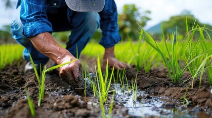 Naklejka premium A farmer's hand carefully plants rice seedlings in muddy soil, nurturing new life in a lush green field.