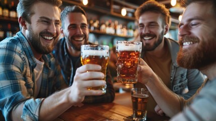 A group of male friends enjoy drinking beer and having fun and eating at a party and clinking glasses at a bar or pub.