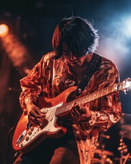 Obraz premium A man playing a guitar with a black strap on his neck