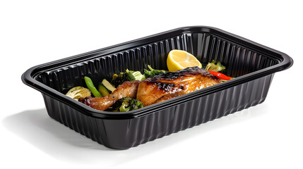 Black plastic rectangular container of Thai food isolated white background