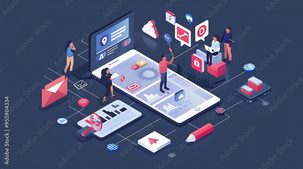Poster modern illustration showcasing the intricate process of mobile app development and integration image