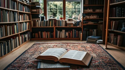 Fototapeta premium An open book lies on a patterned rug in the center of a room surrounded by bookshelves, symbolizing knowledge, education, reading, and the pursuit of learning. The abundance of books suggests a well-s