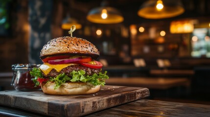 Delicious burger in cozy cafe. Burger background