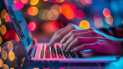 Close-up of hands typing on a laptop keyboard with a blurred background of colorful lights. The image showcases a modern workplace setting with technology as the main focus.