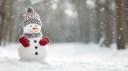 A charming snowman with a traditional top hat, scarf, and coal buttons standing in a snowy winter landscape.