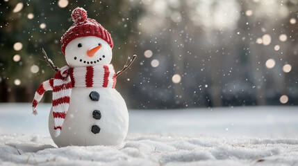 A charming snowman with a traditional top hat, scarf, and coal buttons standing in a snowy winter landscape.