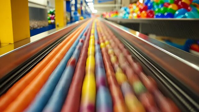 multicolored candy speeding in a conveyor belt