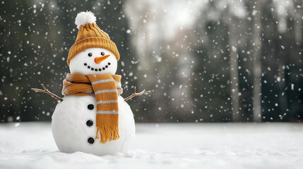 A charming snowman with a traditional top hat, scarf, and coal buttons standing in a snowy winter landscape.