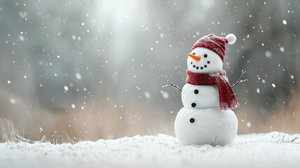 A charming snowman with a traditional top hat, scarf, and coal buttons standing in a snowy winter landscape.