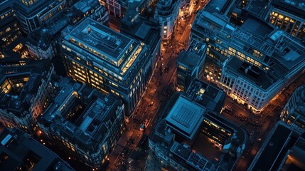 A city at night with many tall buildings and a busy street