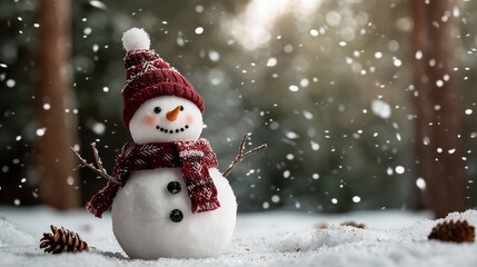 A charming snowman with a traditional top hat, scarf, and coal buttons standing in a snowy winter landscape.