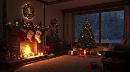 Fototapeta premium Cozy Christmas Cabin with Fireplace and Snowy View | 暖炉と雪景色が楽しめる居心地の良いクリスマスのリビング