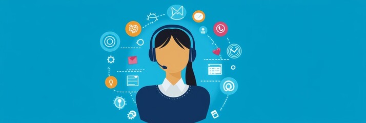 Illustration of a female customer service representative wearing a headset, surrounded by icons representing various support channels, symbolizing her expertise in assisting customers with their inqui