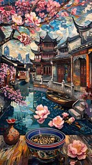 Traditional pink flowers and bowl illustration poster background
