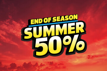 End of Summer Sale 50% Off for banner, template design on the red sky background.