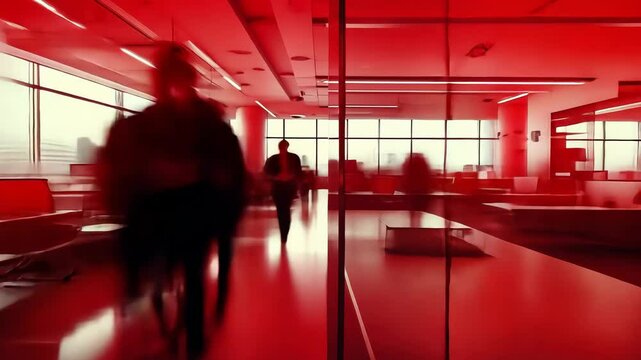 Stressful work environment with people moving around an office interior with a red filter