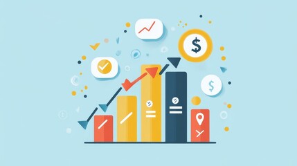 Fototapeta premium This illustration showcases the concept of customer retention and growth, depicting a rising bar chart symbolizing increased revenue, a checkmark representing customer satisfaction, and a dollar sign 