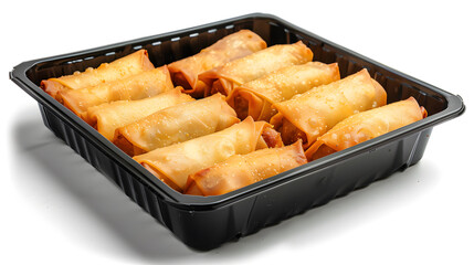 Black plastic rectangular container of Thai food isolated white background