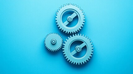Three blue gears interlock on a blue background, symbolizing teamwork, collaboration, synergy, mechanism, and machinery.