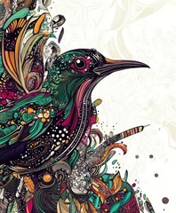 A vibrant, stylized illustration of a hummingbird surrounded by colorful patterns and designs.