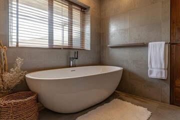 A luxurious bathroom with a freestanding bathtub , ai